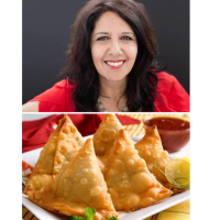 Photo of Huma Siddiqui and a plate of samosas