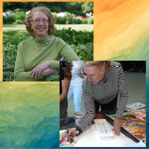 Two photos of watercolor artist Peggy Zalucha